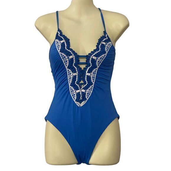 Becca Blue Plunge One‎ Piece Swimsuit Size Small - Picture 1 of 7